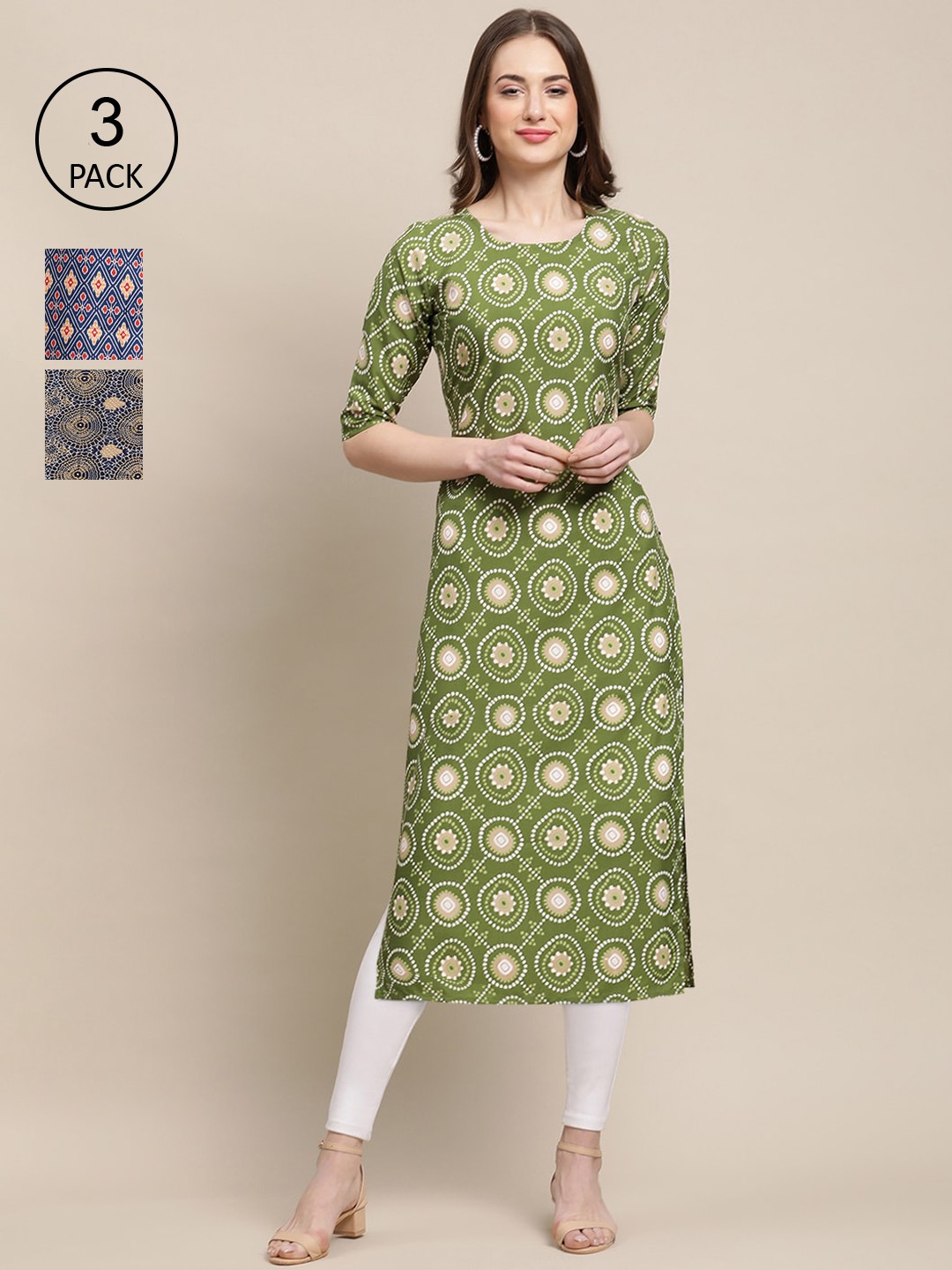 

Ethnic basket Women Pack of 3 Ethnic Motifs Printed Crepe Kurta, Green
