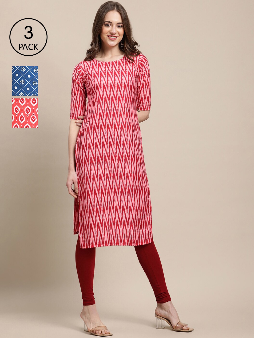 

Ethnic basket Women Pack of 3 Ethnic Motifs Printed Crepe Kurta, Blue