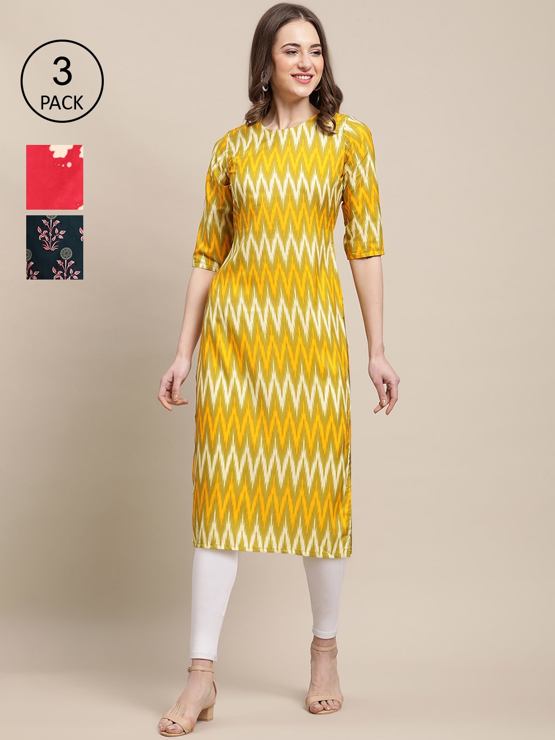 

Ethnic basket Pack Of 3 Women Red & Yellow Floral Printed Crepe Kurta