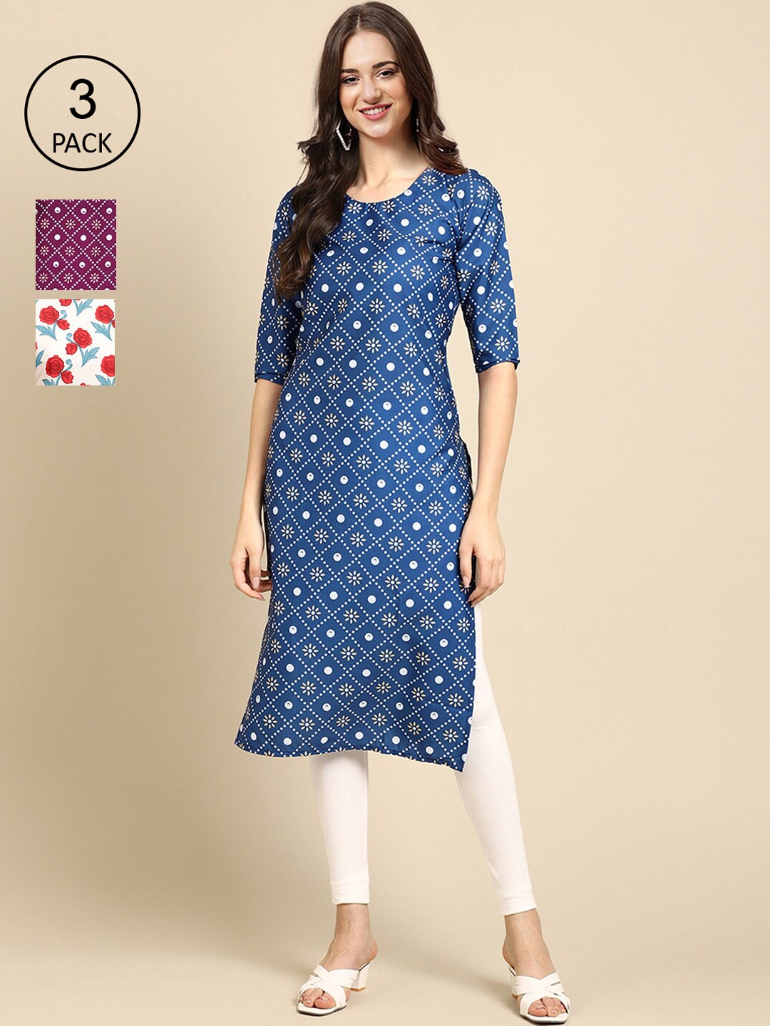 

Ethnic basket Pack of 3 Women's Block Printed Crepe Straight Kurta, Blue
