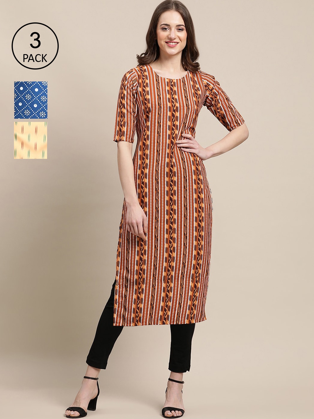 

Ethnic basket Pack Of 3 Women Brown & Blue Geometric Printed Crepe Kurta