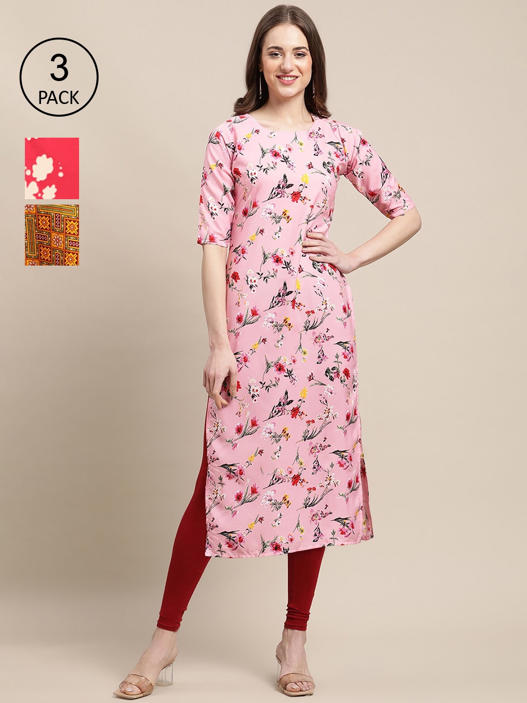 

Ethnic basket Pack of 3 Women's Block Printed Crepe Straight Kurta, Pink