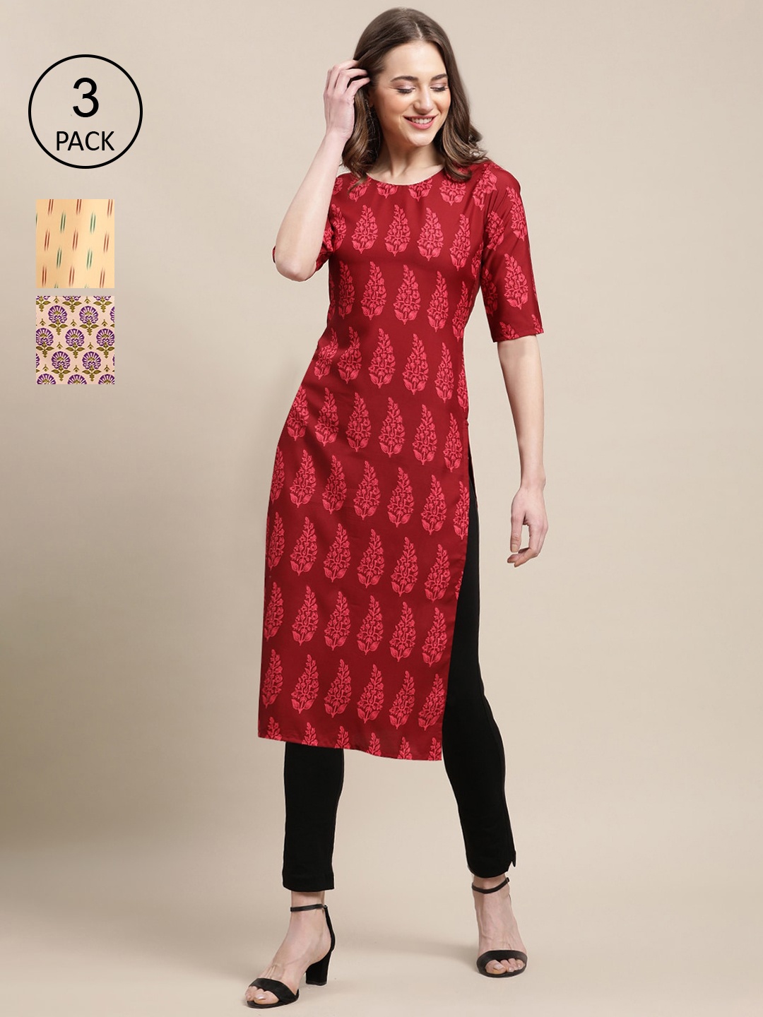 

Ethnic basket Pack of 3 Women's Block Printed Crepe Straight Kurta, Red