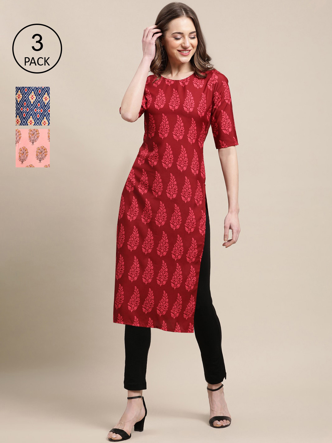 

Ethnic basket Pack of 3 Women's Block Printed Crepe Straight Kurta, Red