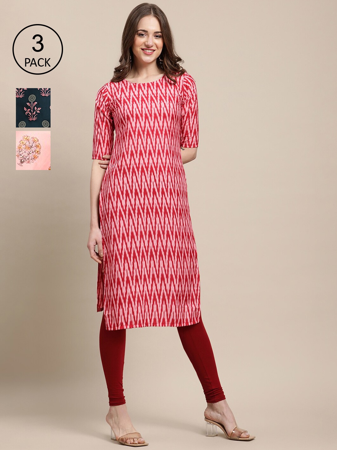 

Ethnic basket Pack Of 3 Women Red & Green Floral Printed Crepe Kurta