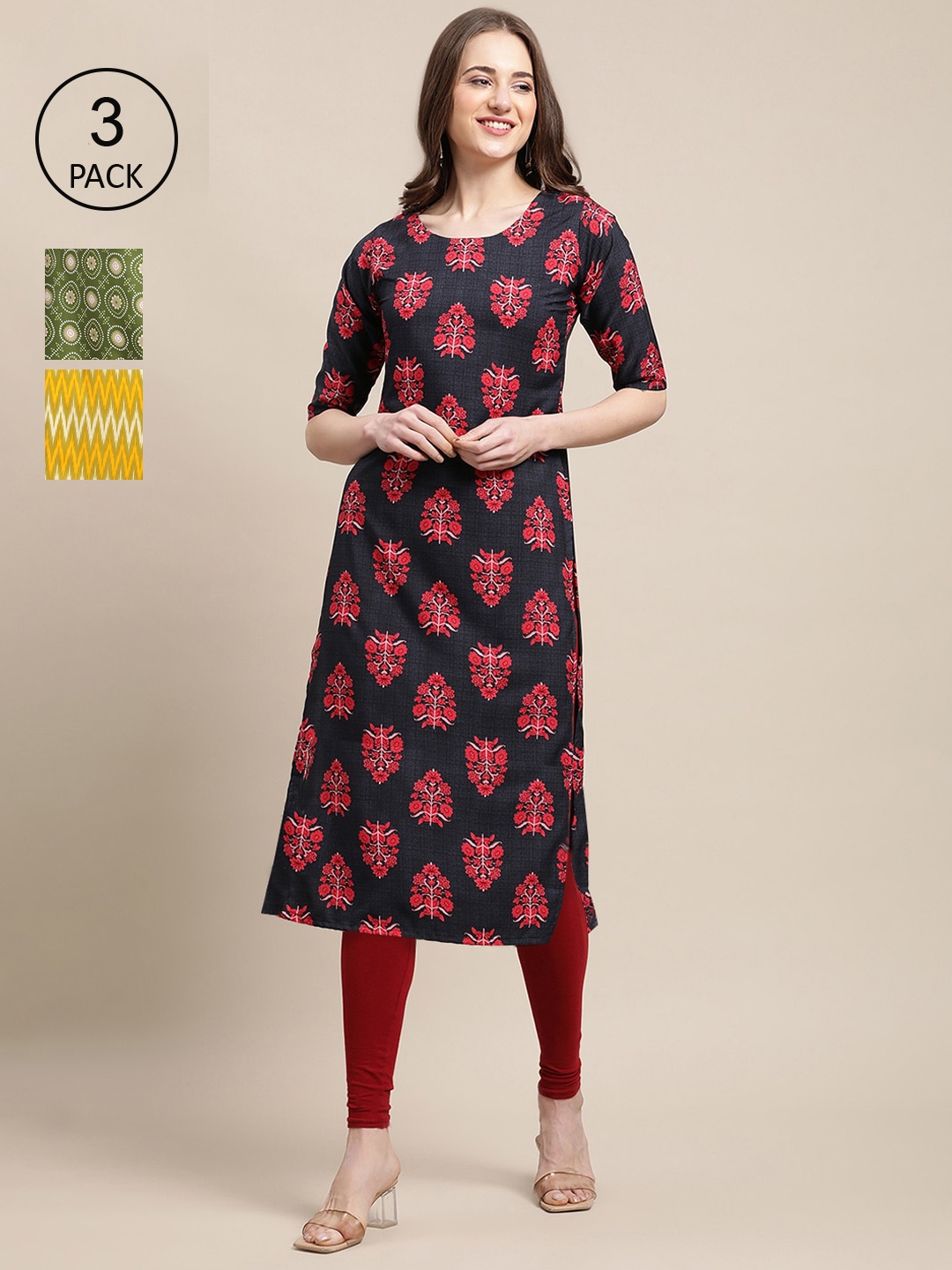

Ethnic basket Pack Of 3 Women Black & Yellow Floral Printed Crepe Kurta