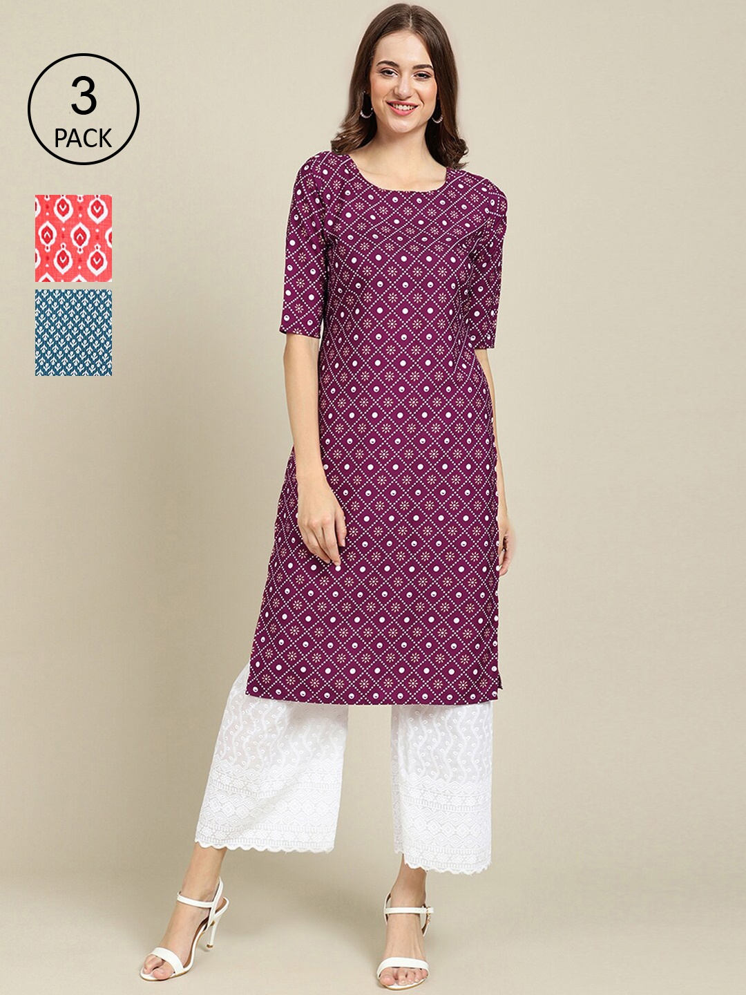 

Ethnic basket Pack of 3 Women's Block Printed Crepe Straight Kurta, Purple