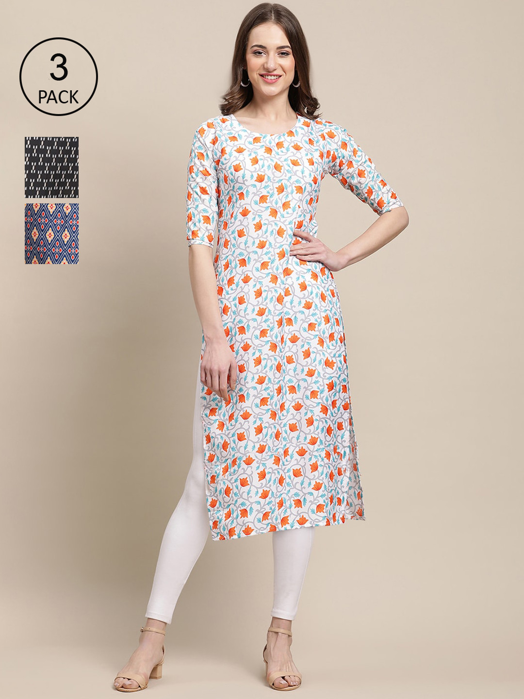 

Ethnic basket Pack Of 3 Women White & Blue Geometric Printed Crepe Kurta