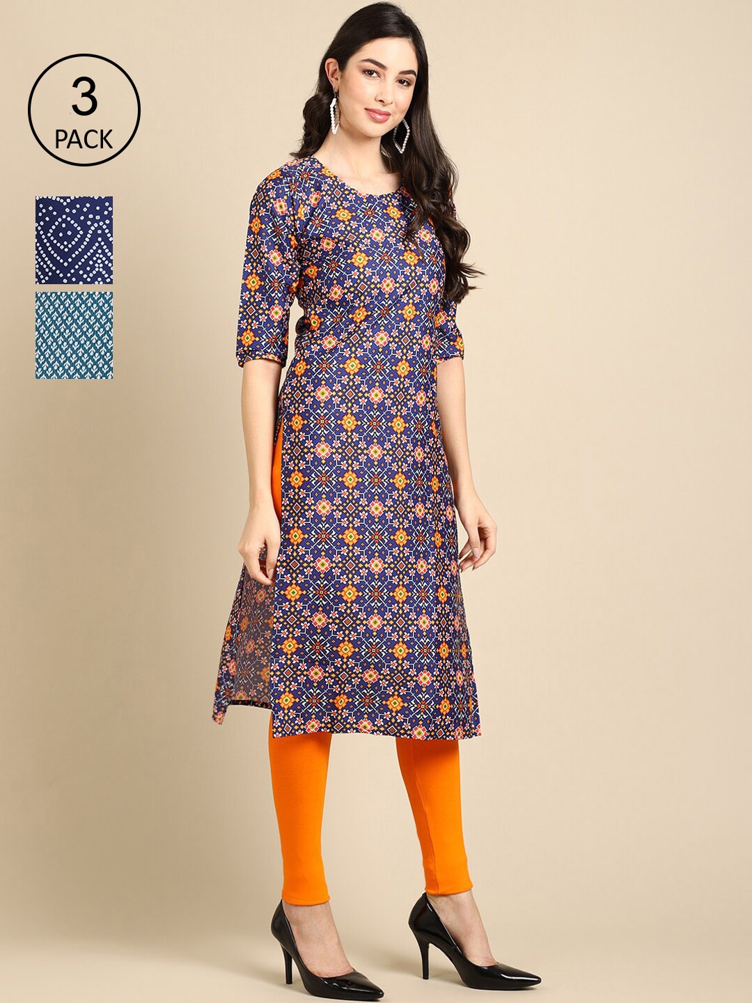 

Ethnic basket Women Pack of 3 Ethnic Motifs Printed Crepe Kurta, Blue