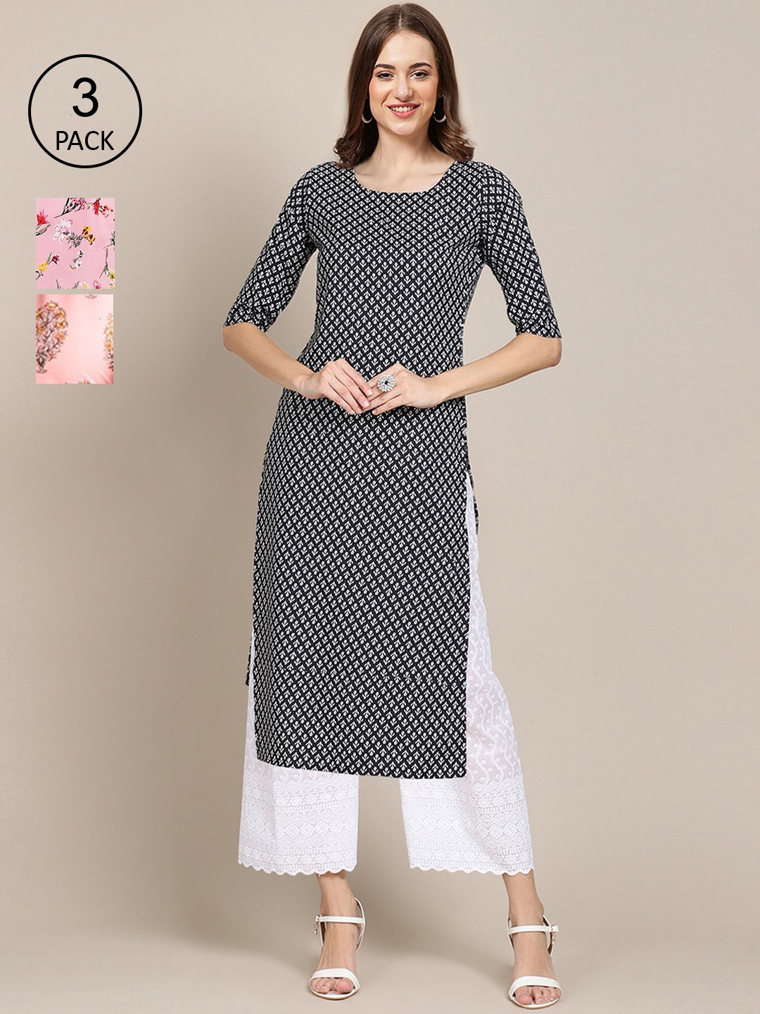 

Ethnic basket Women Pack of 3 Floral Printed Crepe Kurta, Peach