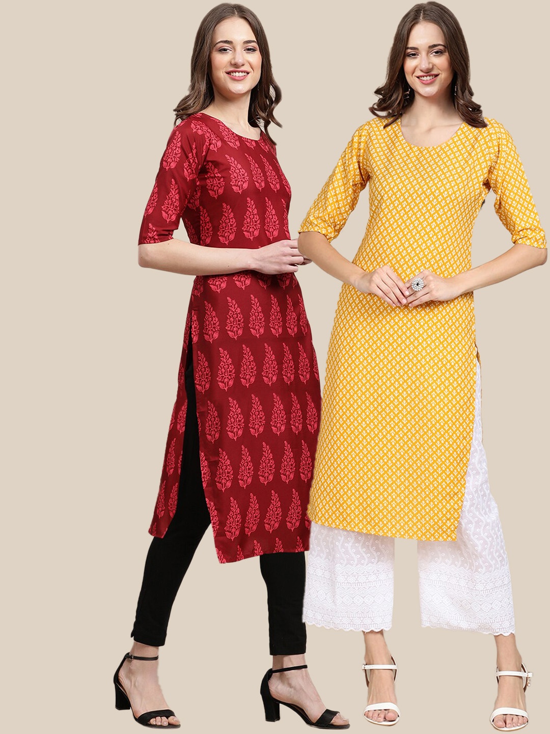 

Ethnic basket Women Pack of 3 Ethnic Motifs Printed Crepe Kurta, Red