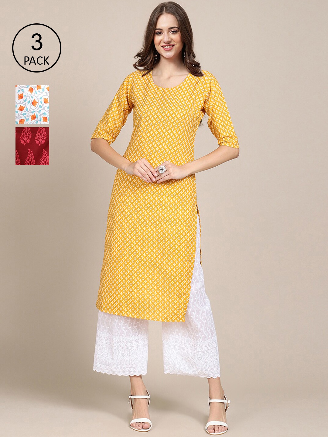 

Ethnic basket Pack Of 3 Women Yellow & White Geometric Printed Crepe Kurta
