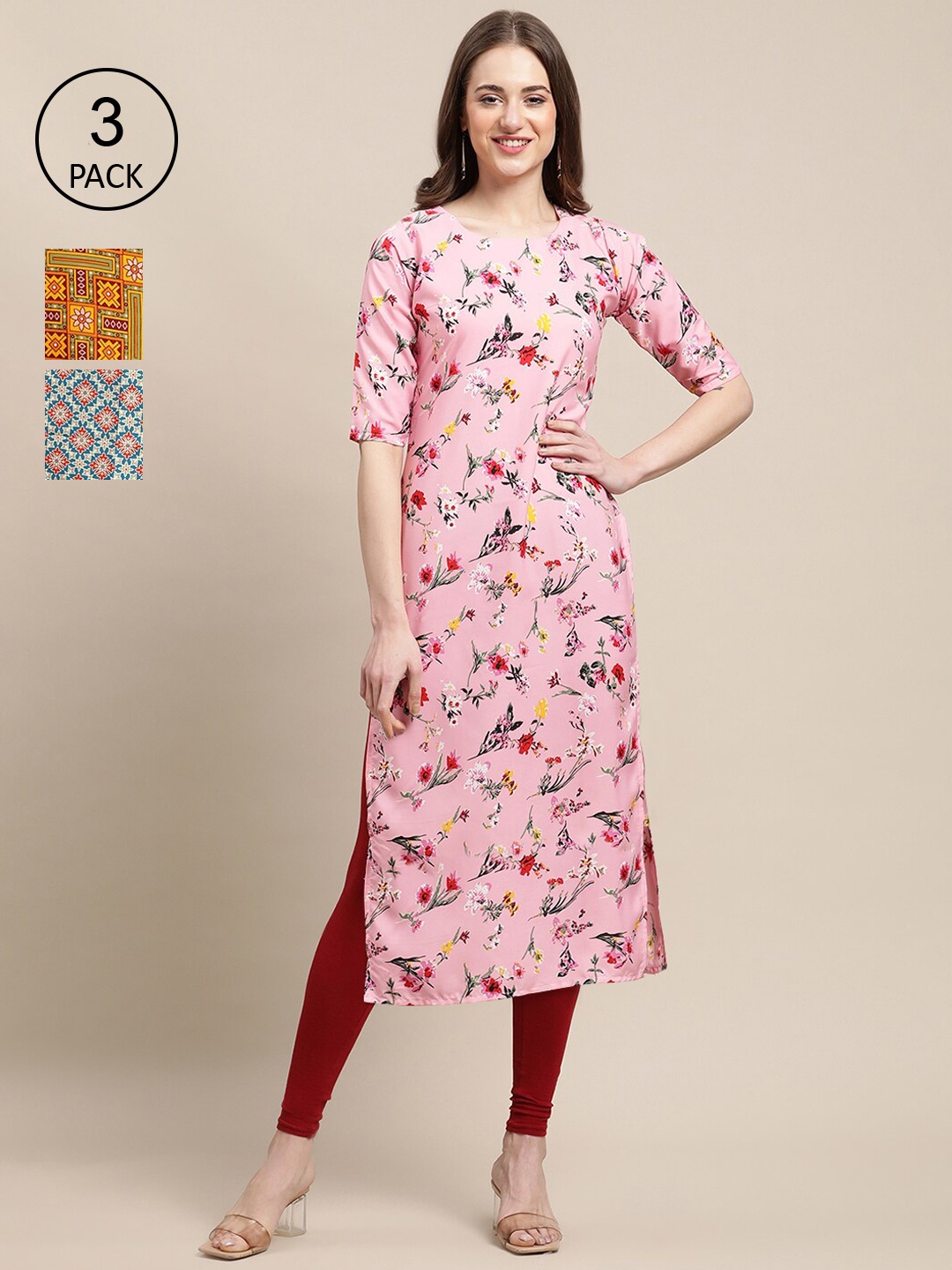 

Ethnic basket Pack of 3 Women's Block Printed Crepe Straight Kurta, Pink