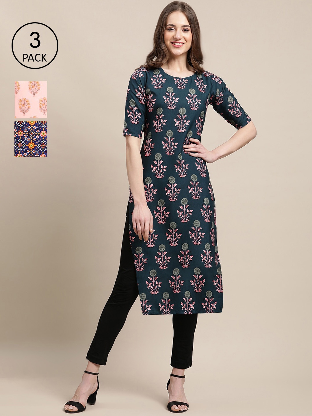 

Ethnic basket Pack of 3 Women's Block Printed Crepe Straight Kurta, Blue