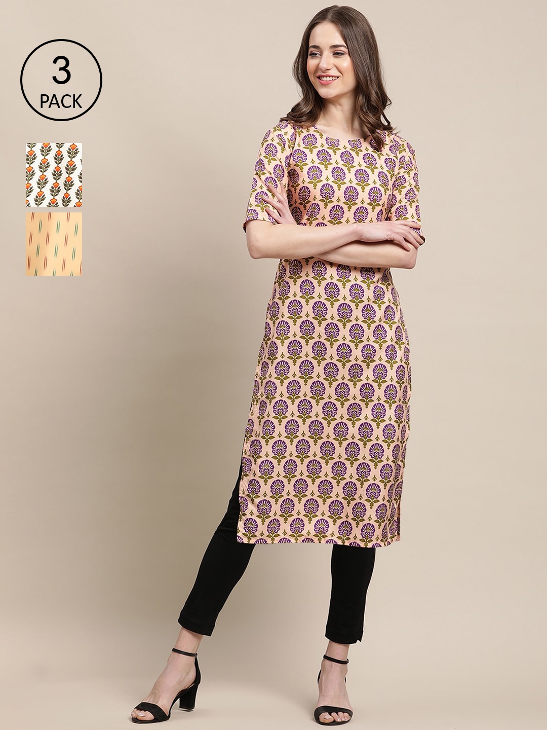 

Ethnic basket Women Pack Of 3 Ethnic Motifs Printed Crepe Kurta, Yellow