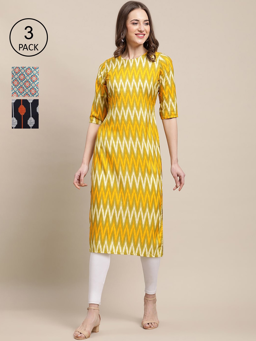 

Ethnic basket Women Pack Of 3 Ethnic Motifs Printed Crepe Kurta, Yellow