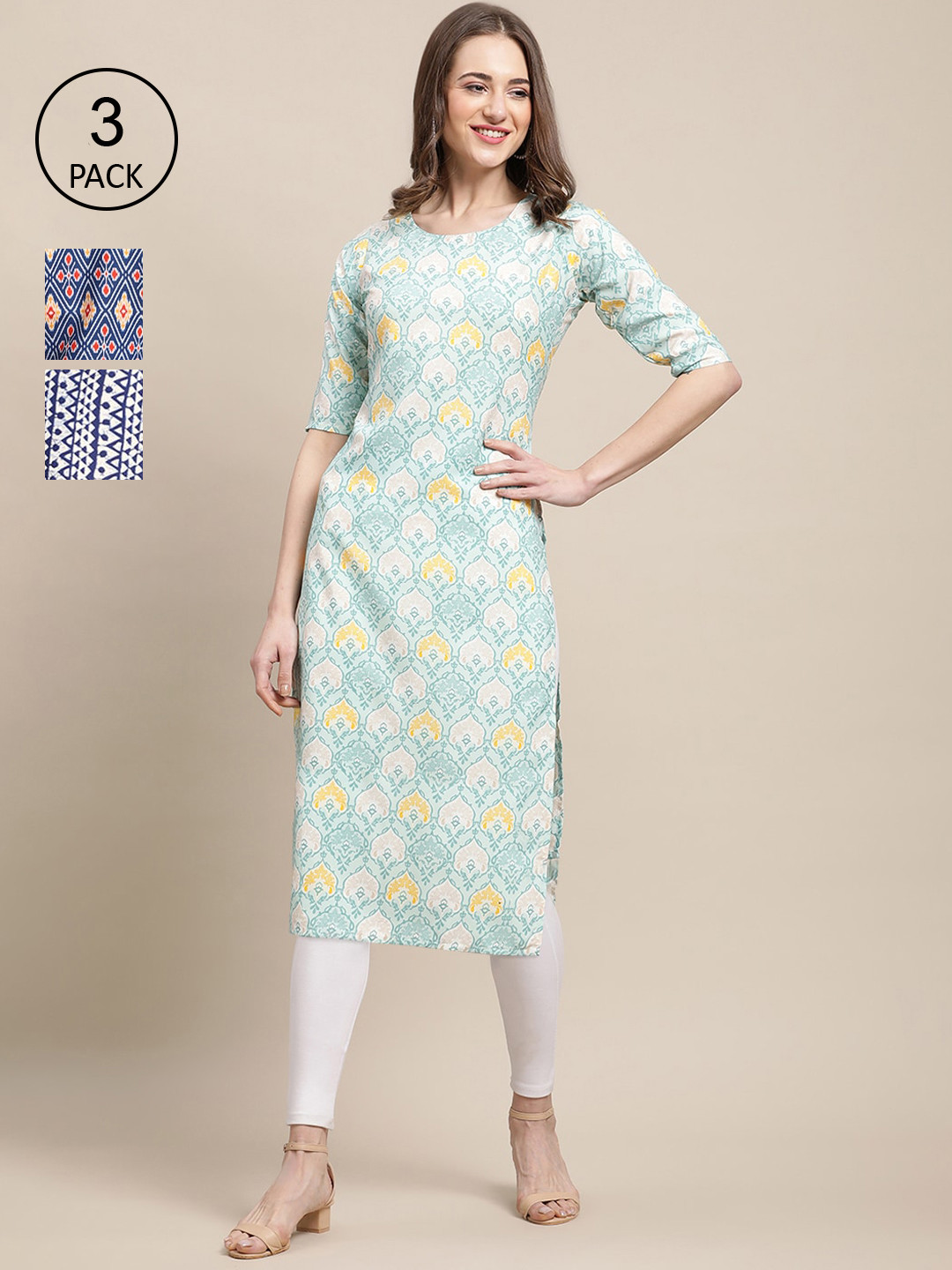

Ethnic basket Women Pack Of 3 Ethnic Motifs Printed Block Print Crepe Kurta, Blue