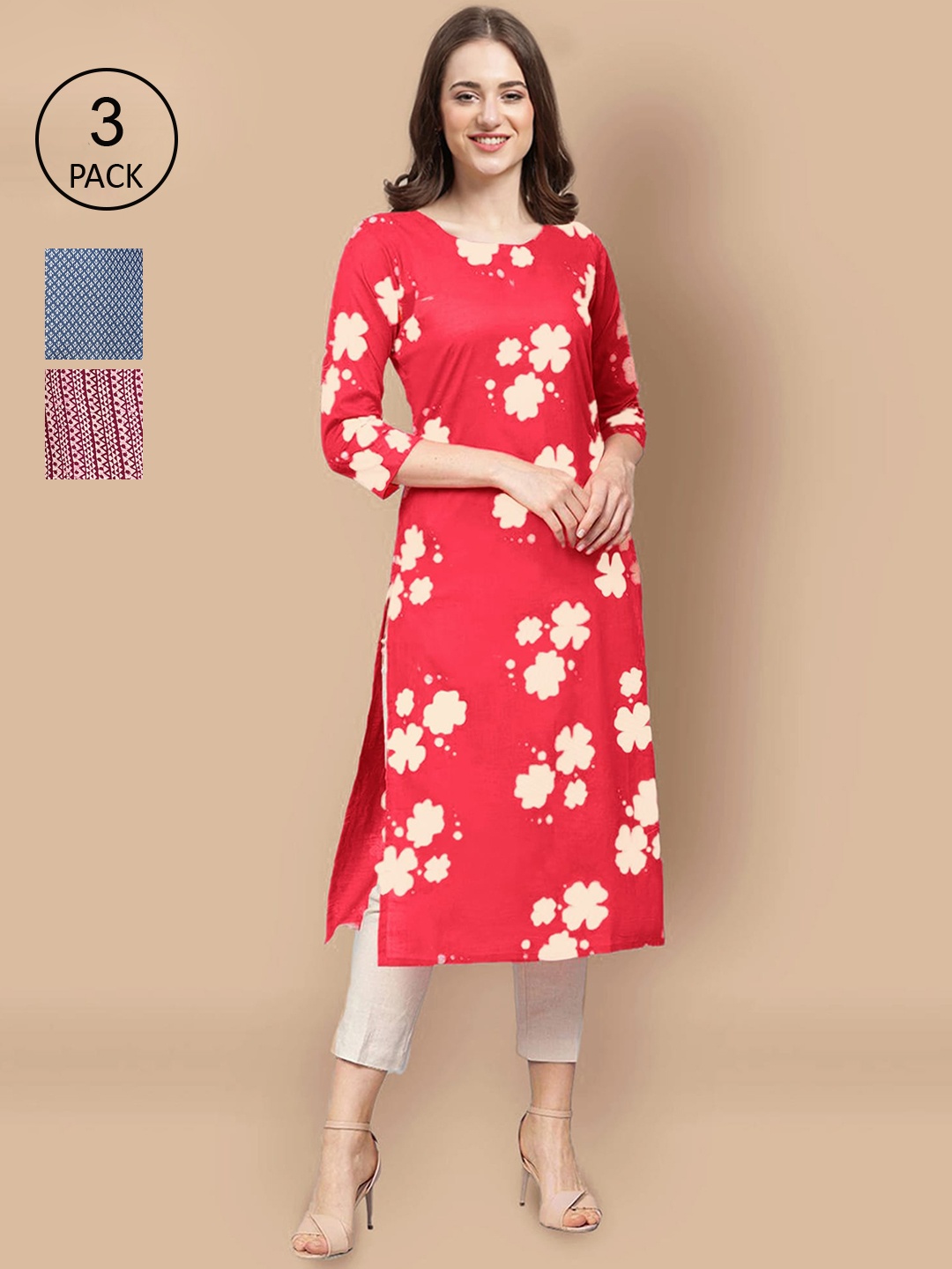 

Ethnic basket Pack Of 3 Women Red & Blue Floral Printed Crepe Kurta