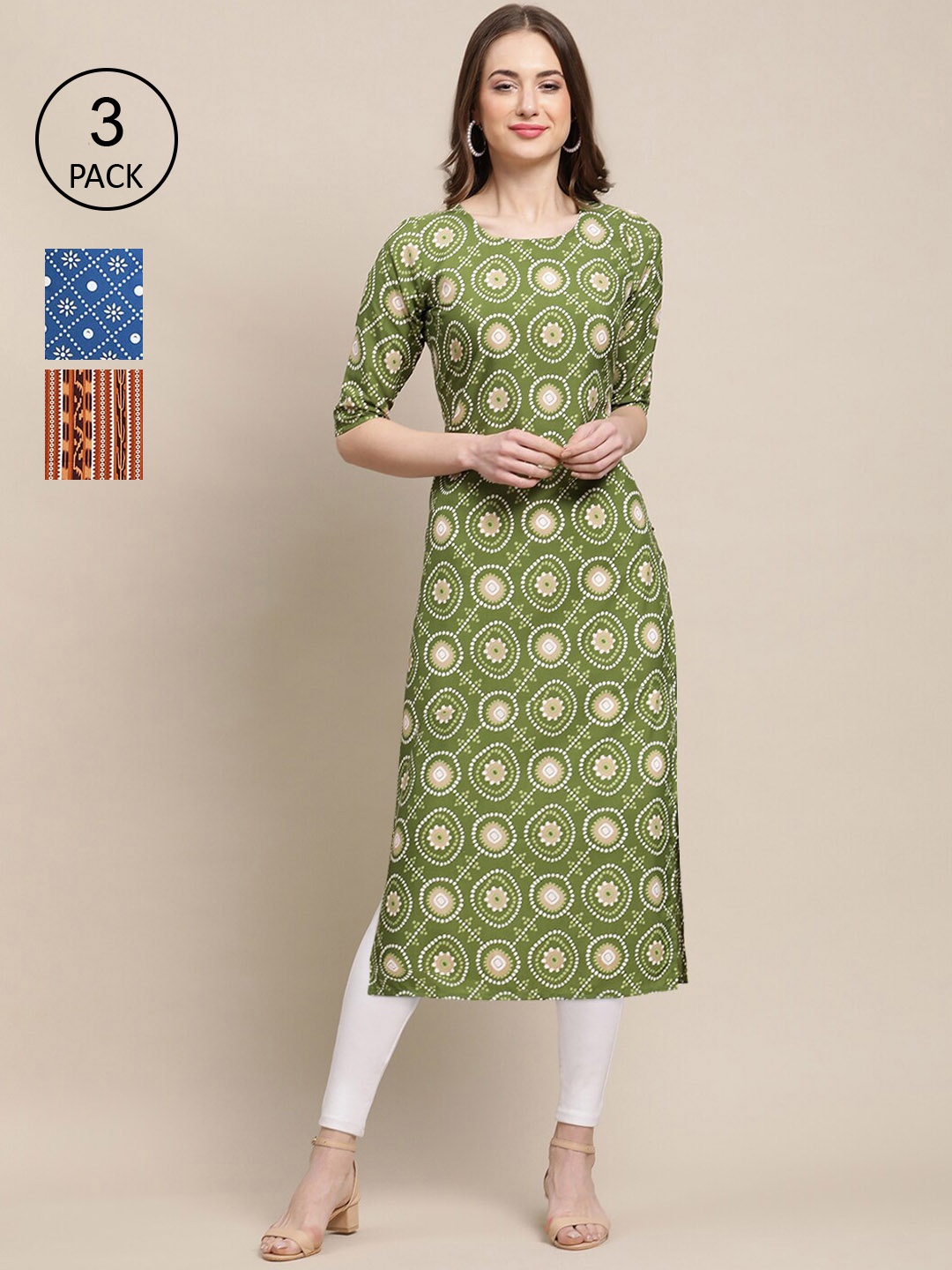 

Ethnic basket Pack of 3 Women's Block Printed Crepe Straight Kurta, Green