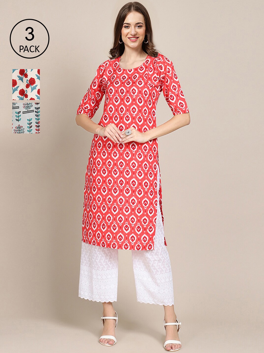 

Ethnic basket Women Pack Of 3 Ethnic Motifs Printed Crepe Kurta, Peach