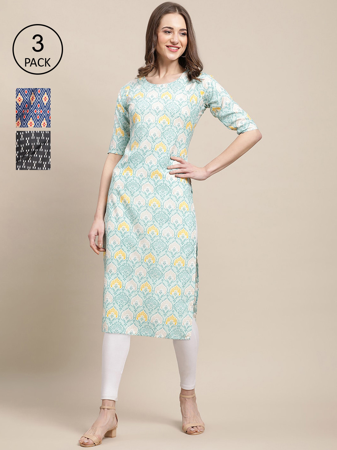 

Ethnic basket Women Pack Of 3 Floral Printed Crepe Kurta, Black