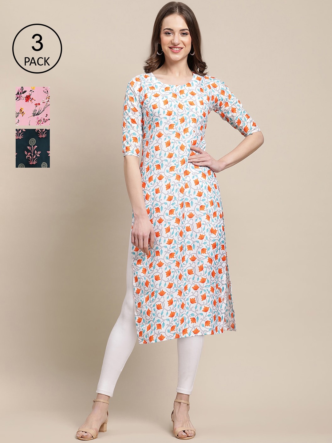 

Ethnic basket Women Pack Of 3 Floral Printed Crepe Kurta, Green