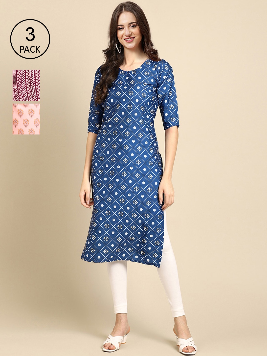 

Ethnic basket Pack of 3 Stylish Women's Block Printed Crepe Straight Kurta, Blue