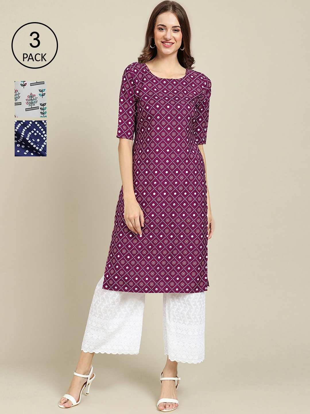 

Ethnic basket Women Pack Of 3 Printed Crepe Kurta, Purple