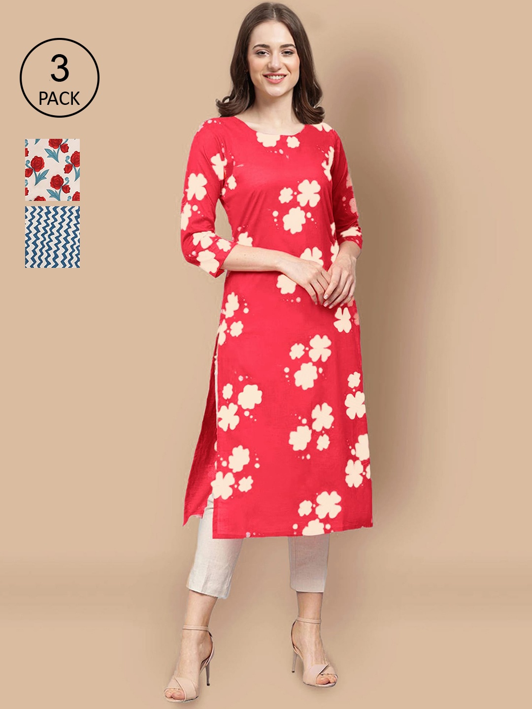 

Ethnic basket Women Pack Of 3 Block Print Crepe Kurta, Red