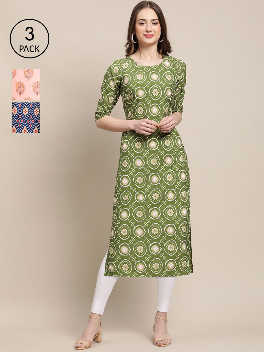 

Ethnic basket Pack of 3 Stylish Women's Block Printed Crepe Straight Kurta, Green
