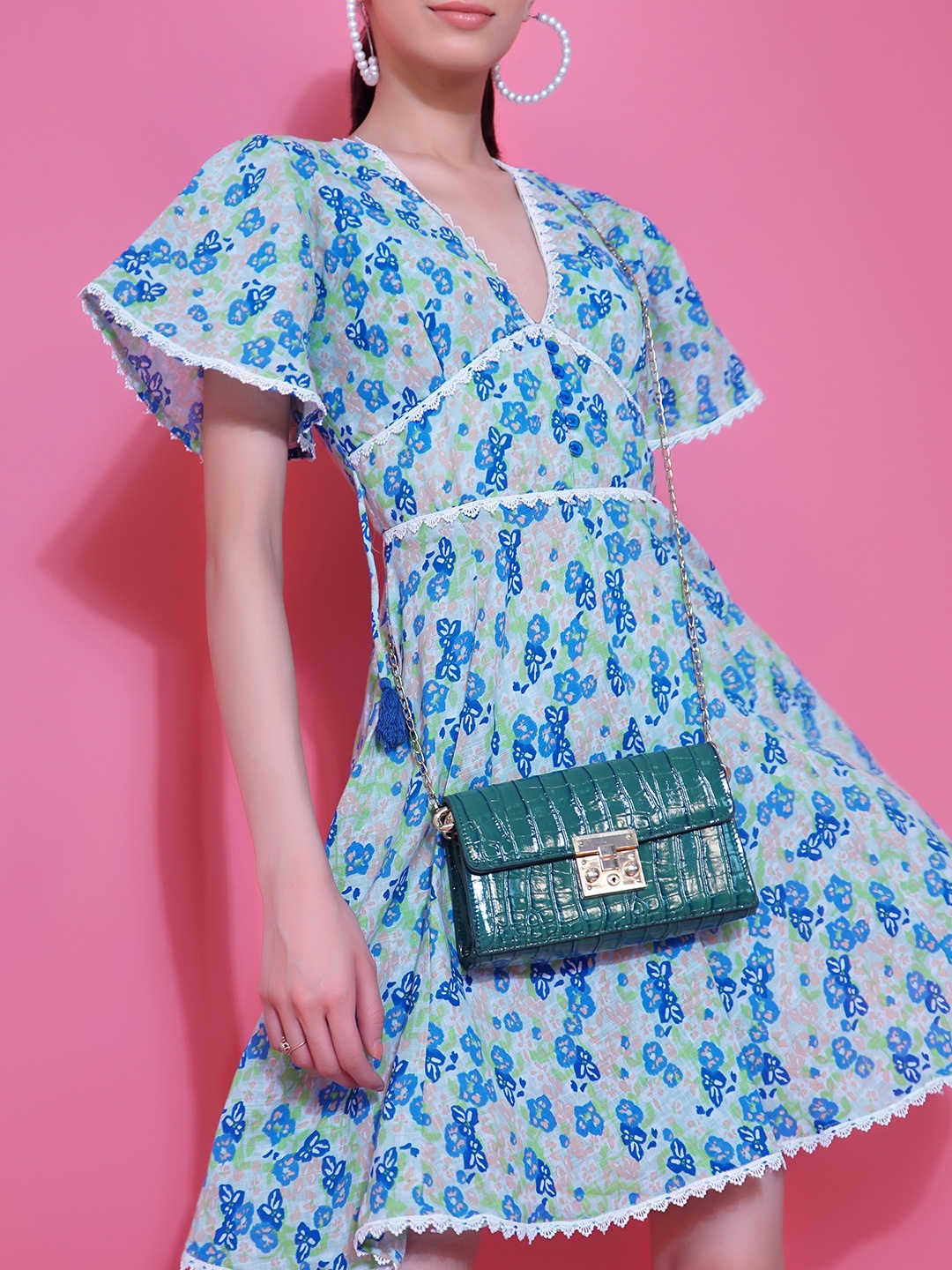 

Stylecast X Hersheinbox Aqua Blue Floral Pure Cotton A-Line Dress