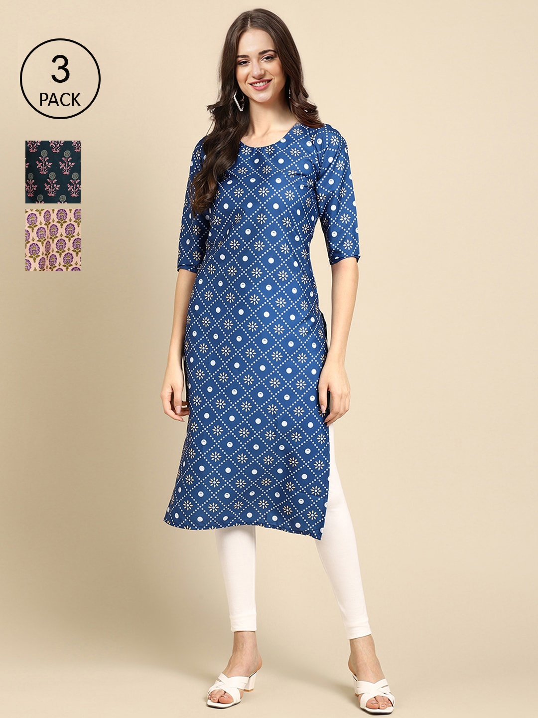 

Ethnic basket Women Blue & Peach-Coloured Geometric Printed Block Print Crepe Kurta