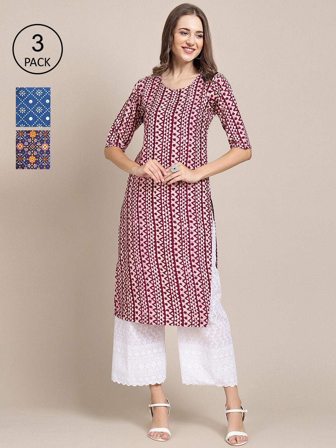 

Ethnic basket Women Pack Of 3 Ethnic Motifs Printed Crepe Kurta, Blue
