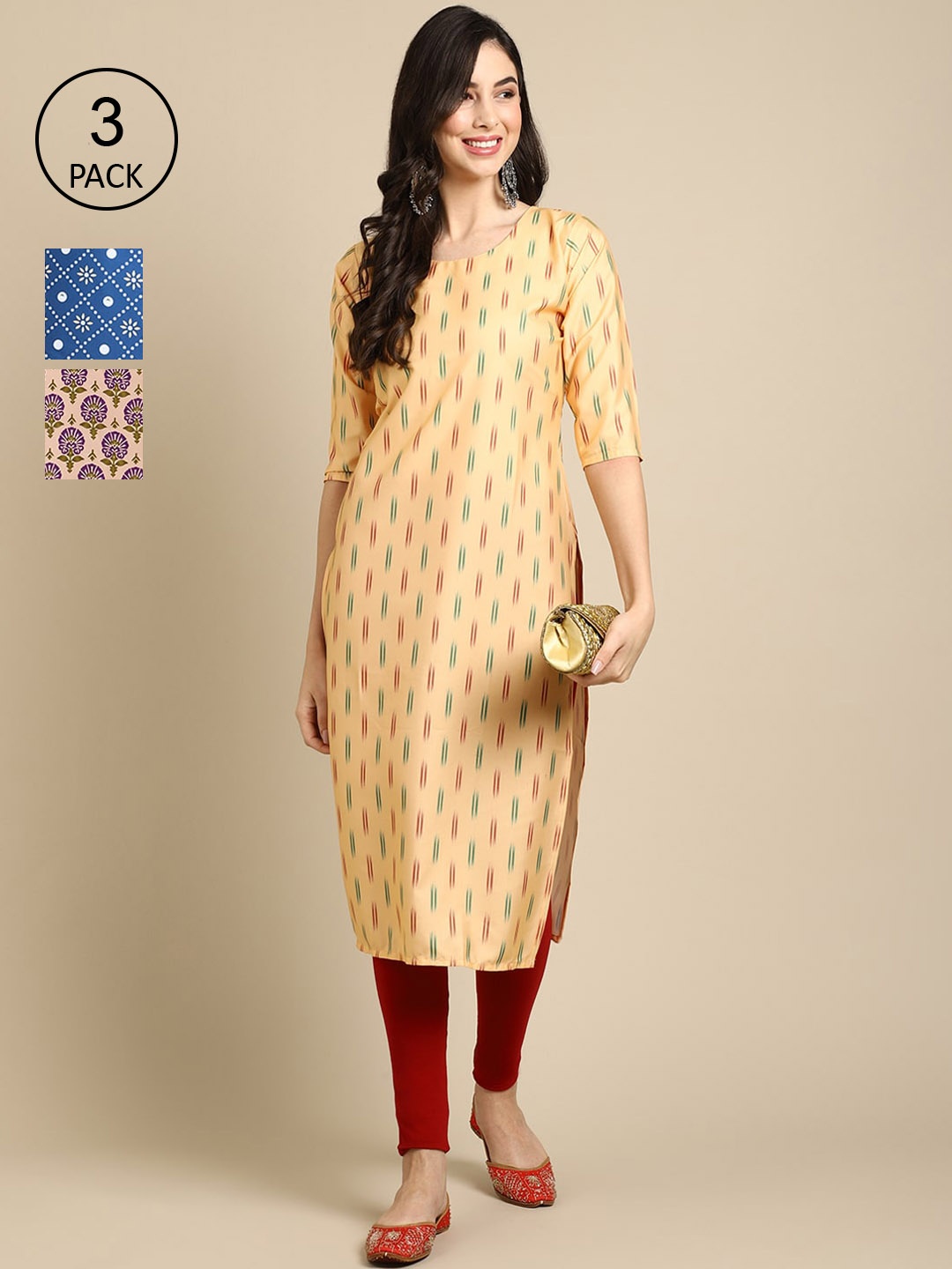 

Ethnic basket Pack of 3 Stylish Women's Block Printed Crepe Straight Kurta, Yellow
