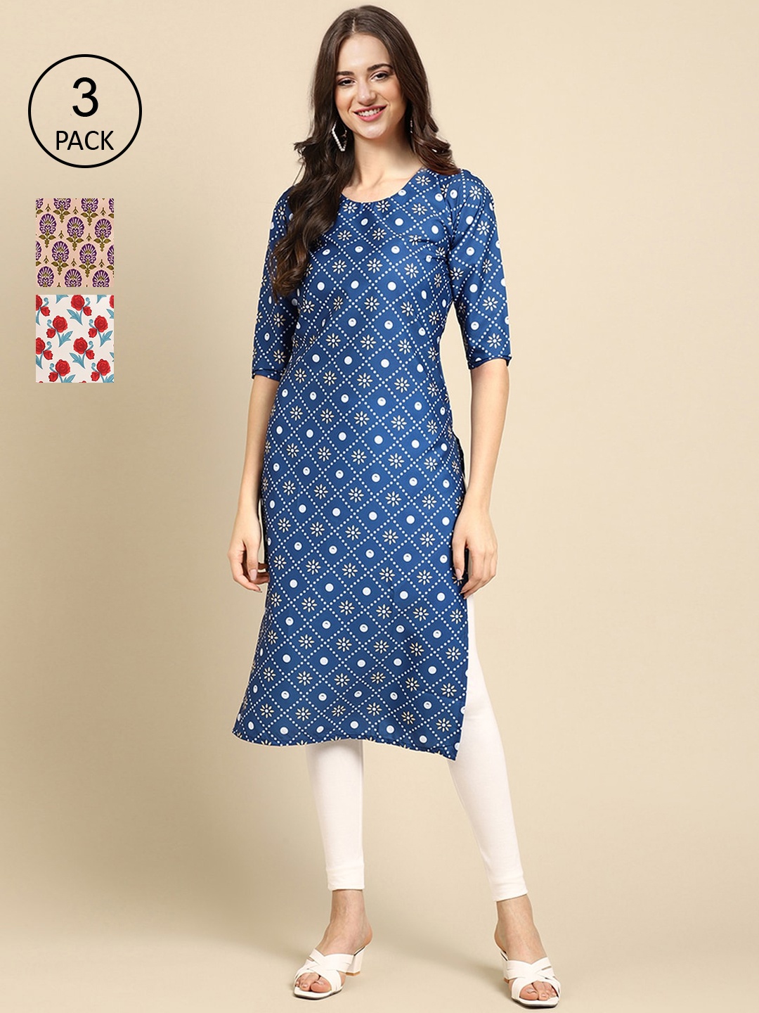 

Ethnic basket Pack Of 3 Women Blue & Peach-Coloured Floral Printed Crepe Kurta