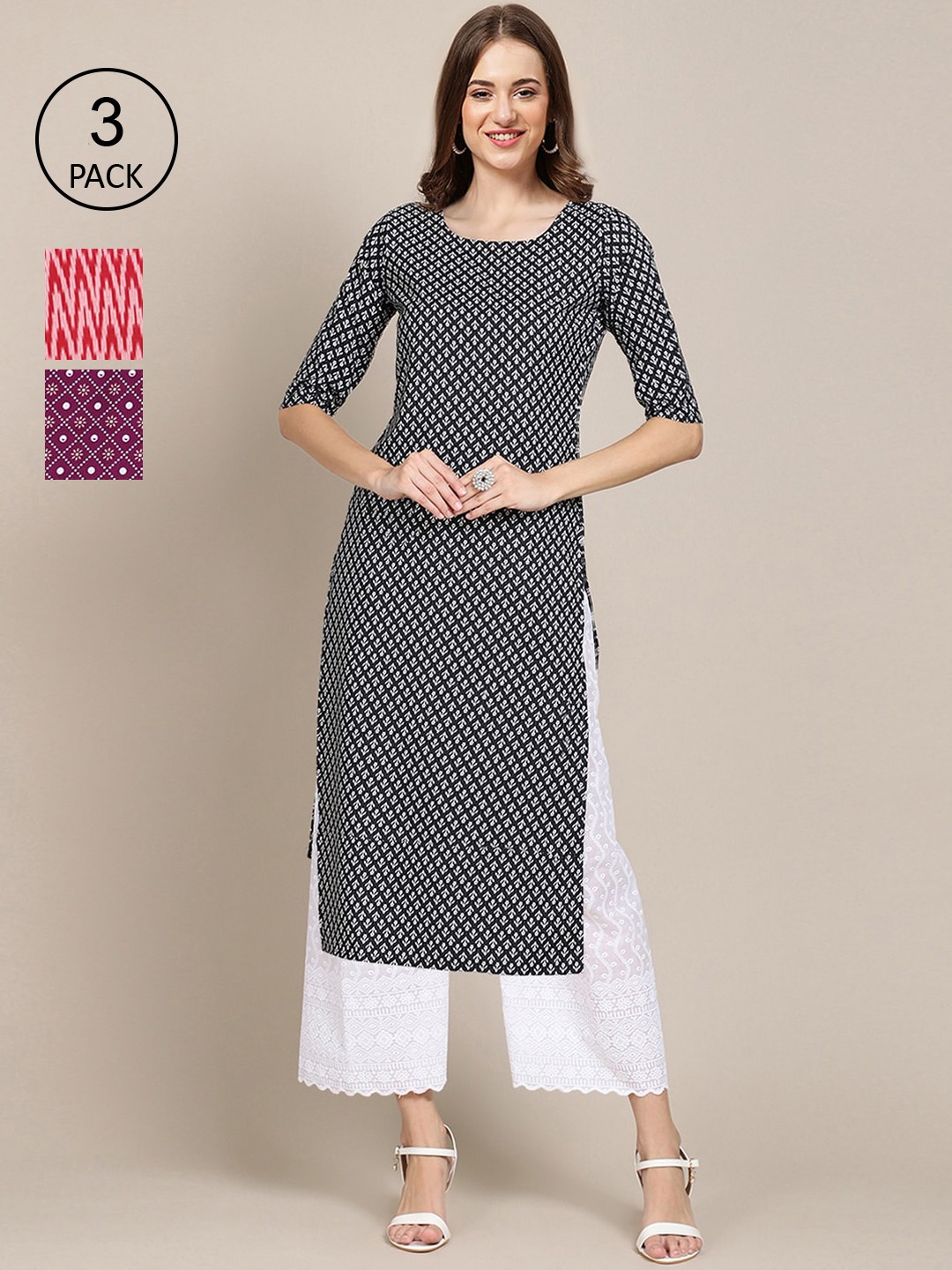 

Ethnic basket Women Red & Purple Pack of 3 Geometric Printed Crepe Kurta