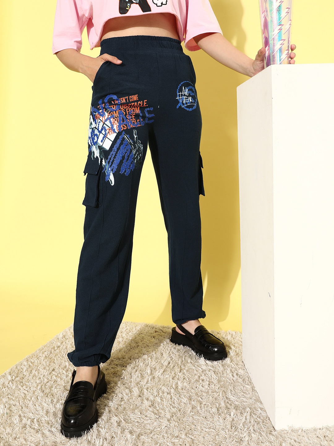 

Stylecast X Hersheinbox Women Deep Navy Blue Typography Utility Trousers