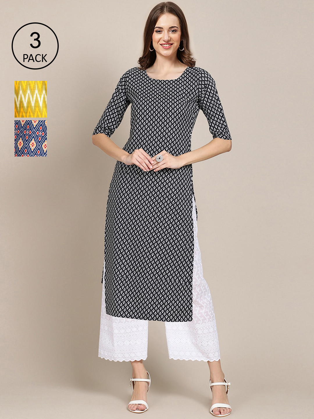 

Ethnic basket Pack of 3 Stylish Women's Block Printed Crepe Straight Kurta, Black