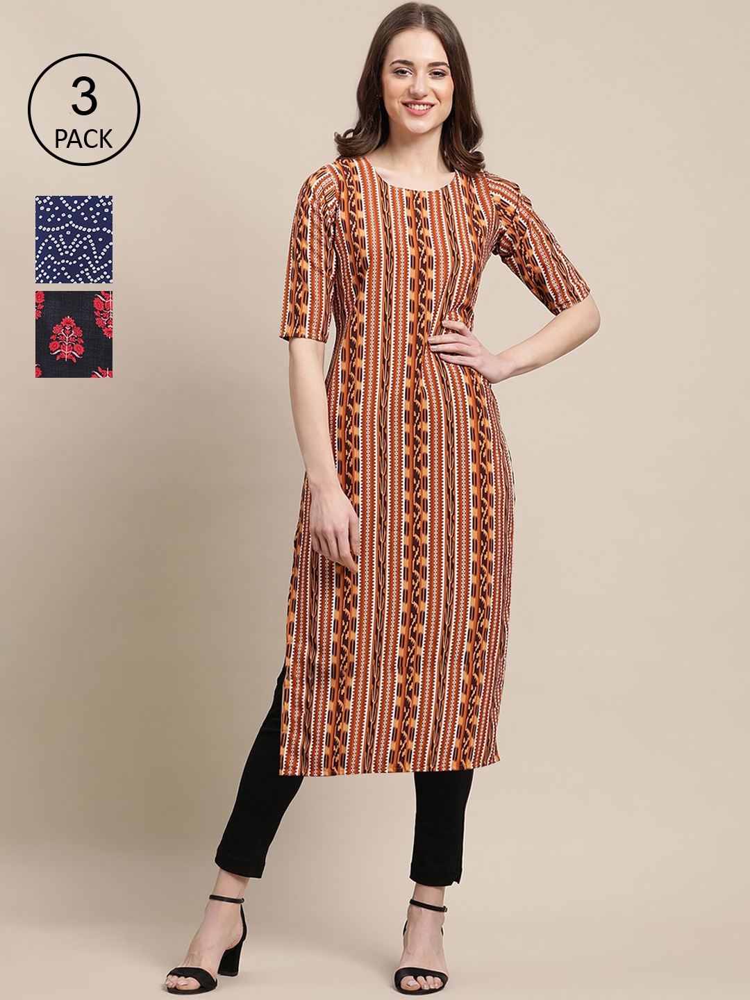 

Ethnic basket Women Pack Of 3 Ethnic Motifs Printed Crepe Kurta, Charcoal