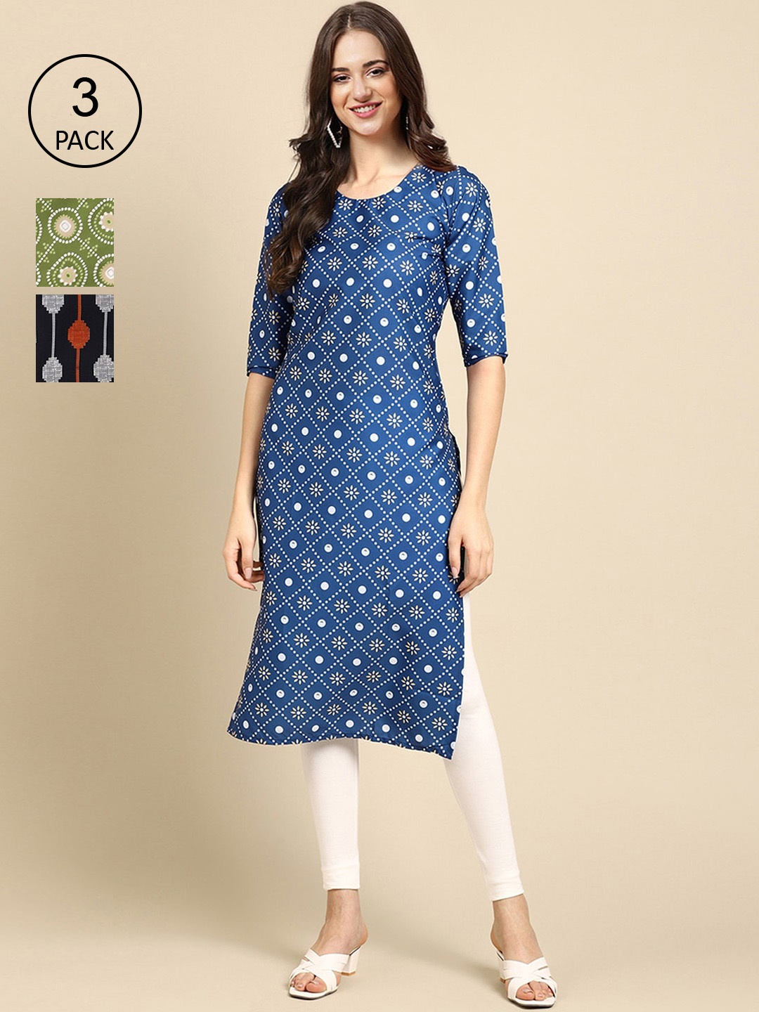 

Ethnic basket Pack Of 3 Women Blue & Green Geometric Printed Crepe Kurta