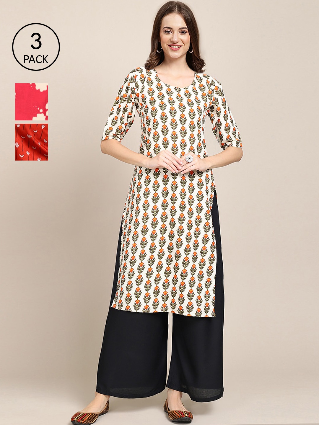 

Ethnic basket Women Pack Of 3 Ethnic Motifs Printed Crepe Kurta, Orange