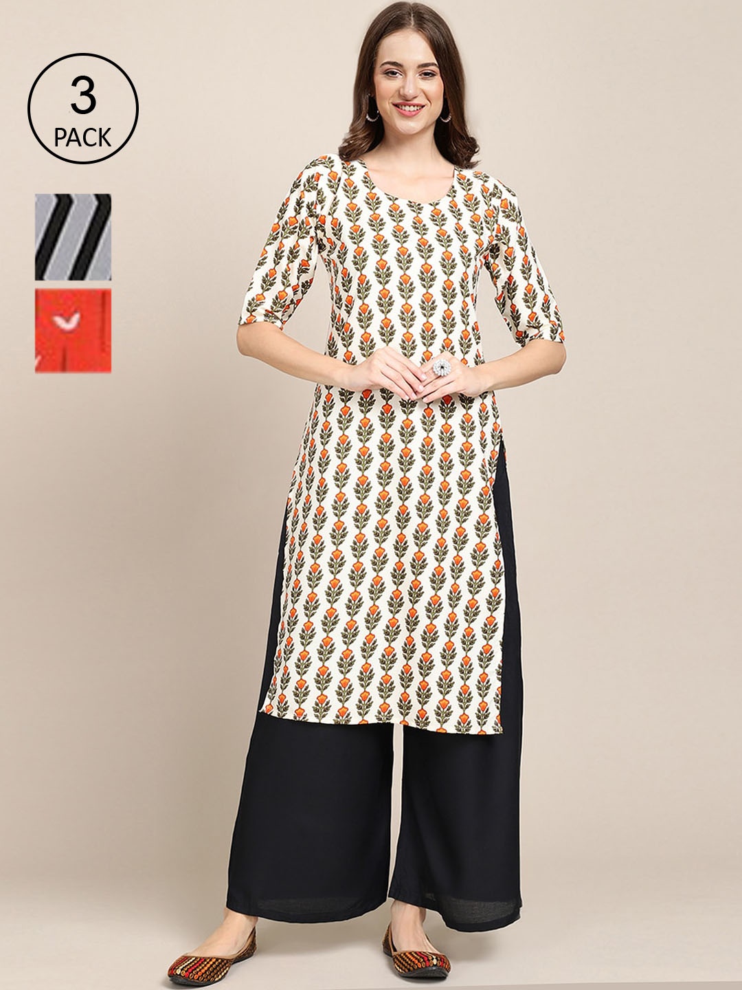 

Ethnic basket Pack of 3 Women's Stylish Block Printed Crepe Straight Kurta, Beige