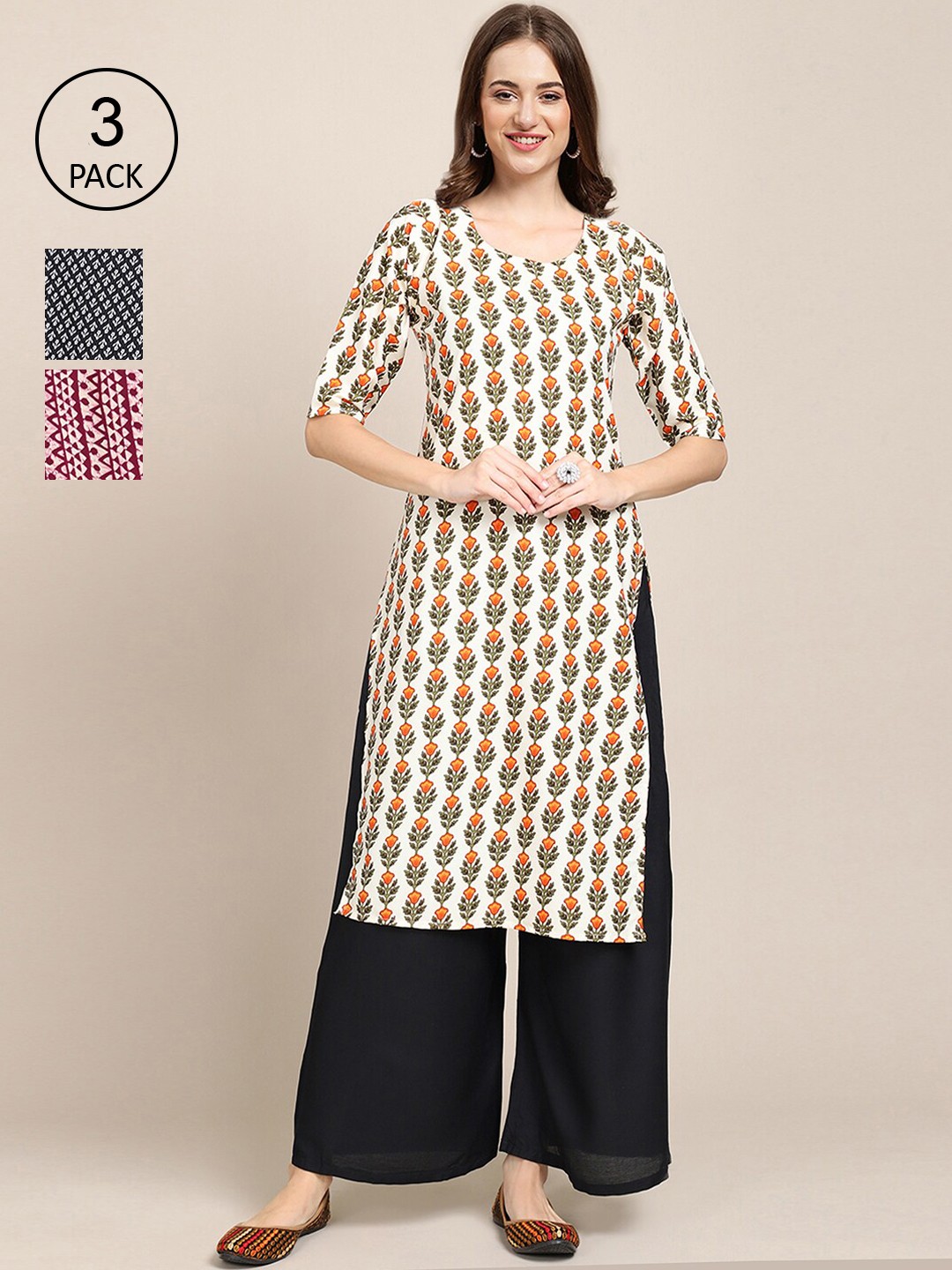 

Ethnic basket Women Pack Of 3 Ethnic Motifs Printed Crepe Kurta, Maroon