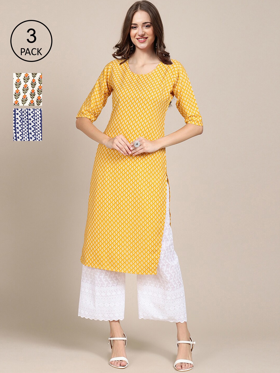 

Ethnic basket Pack Of 3 Women Yellow & Blue Ethnic Motifs Printed Crepe Kurta