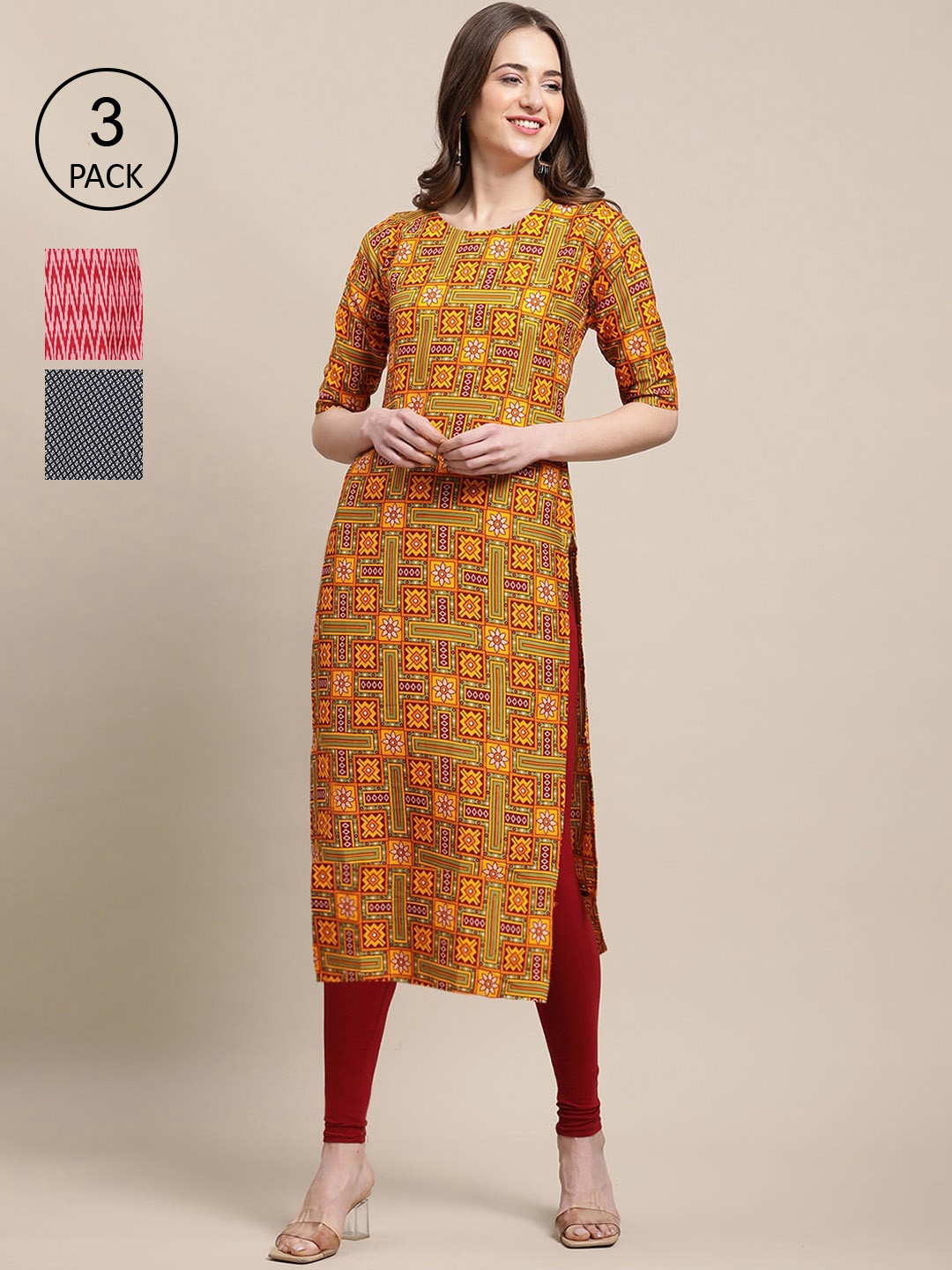 

Ethnic basket Pack Of 3 Women Yellow & Red Geometric Printed Crepe Kurta