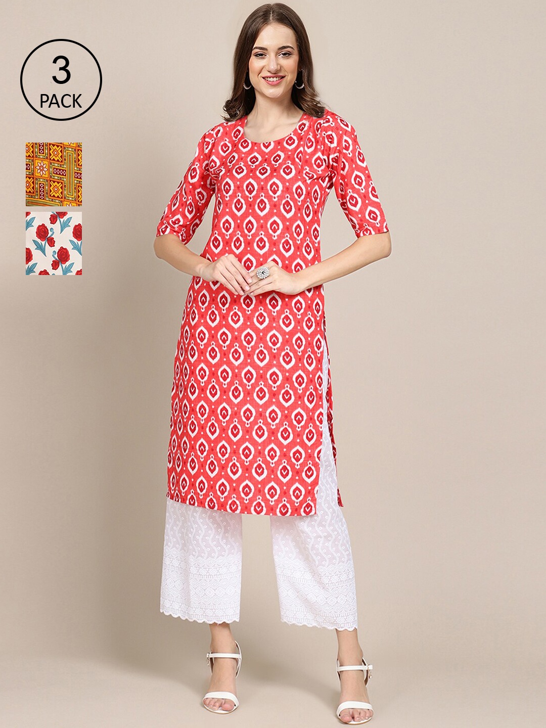 

Ethnic basket Women Pack Of 3 Ethnic Motifs Printed Crepe Kurta, Yellow