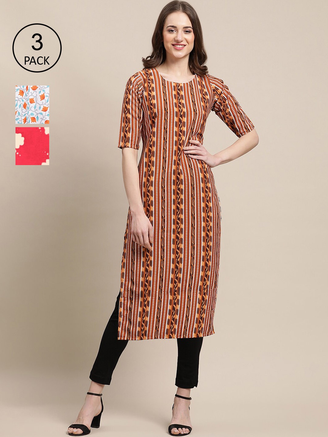 

Ethnic basket Pack of 3 Women's Stylish Block Printed Crepe Straight Kurta, Brown