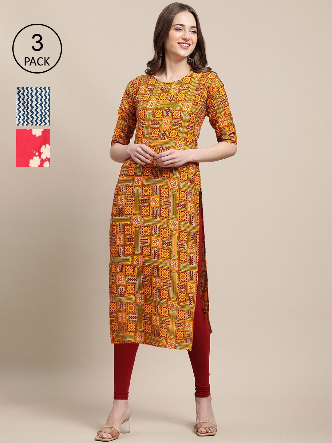 

Ethnic basket Women Yellow & Blue Pack of 3 Floral Printed Crepe Kurta