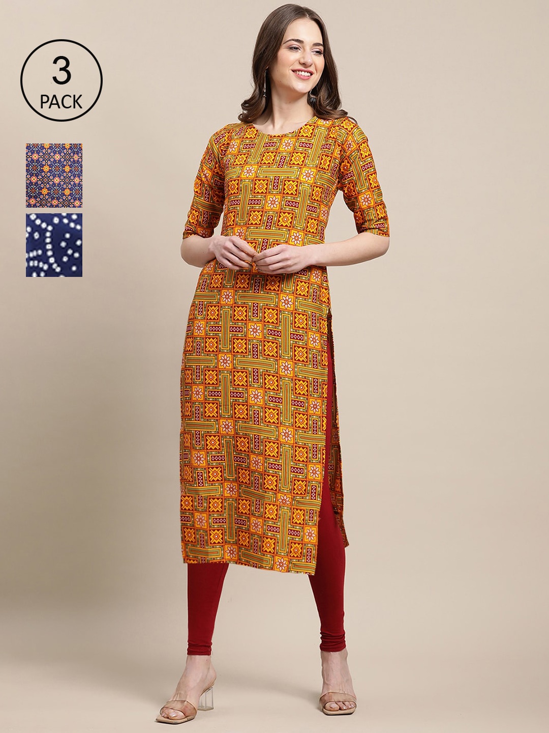 

Ethnic basket Women Pack Of 3 Ethnic Motifs Printed Crepe Kurta, Yellow