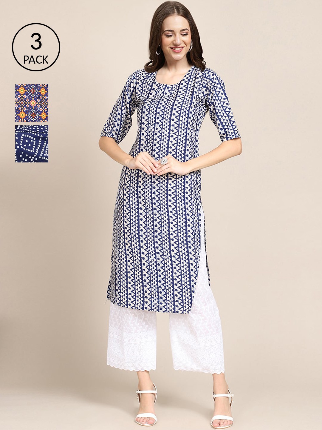 

Ethnic basket Women Pack of 3 White Navy Blue & Blue Geometric Printed Crepe Kurta
